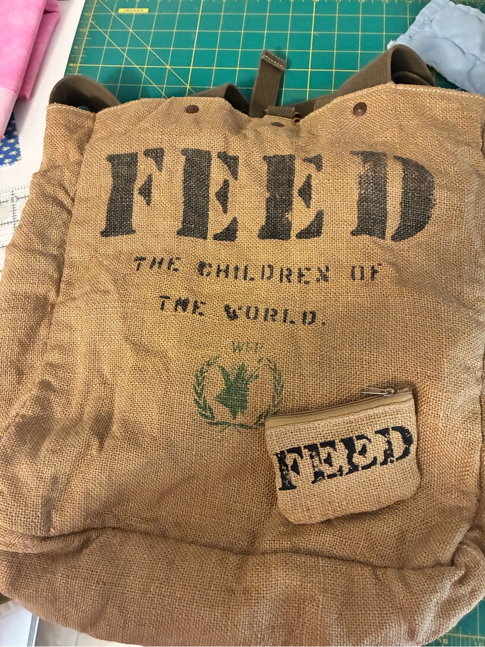 FEED Burlap Tote Bag in tan